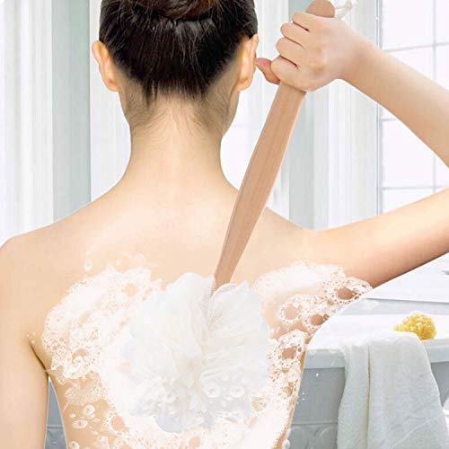White Loofah with Handle - Back Scrubber for Shower, Exfoliating Body Sponge with Soft PE Mesh and Wood Stick, Clean Look Bath Accessory for Men and Women - color: White