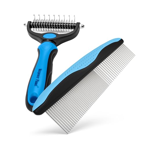 Maxpower Planet Pet Grooming Rake and Dematting Comb for Dogs - Dog Grooming Supplies, Undercoat Rake for Dogs, Cats - Extra-Wide Deshedding Dog Brush, Deshedder Comb for Long Hair - Reduce Shedding - color: C - Rake and Comb Kit (Best Value), size: Large