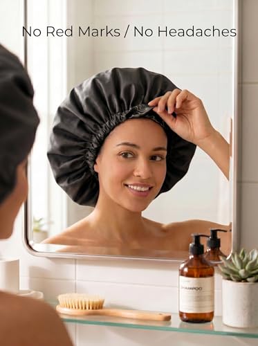 Aquior Shower Cap for Women, Extra Adjustable Shower Caps for Women Double-Layer Waterproof Reusable Hair Cap, Large Size Hair Cap for All Hair,for Girls Spa Bath,Soft and Comfortable (Back) - color: black