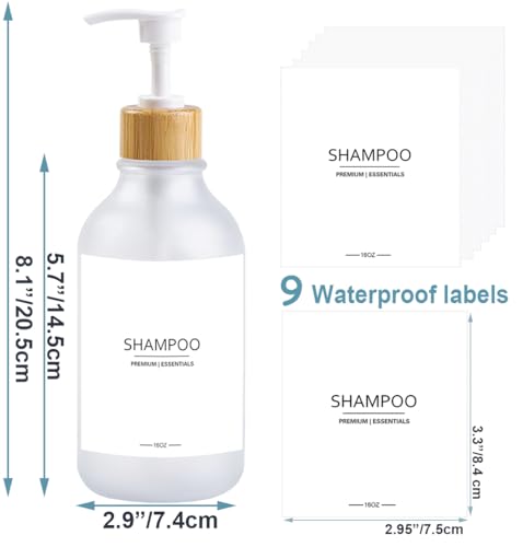 Frosted Plastic Shampoo and Conditioner Bottles, Apothecary Dispenser Bamboo Pump, Refillable Bottles for Shower Lotion, Oil, Hand Soap, Sanitizer, Liquid Soap, Set of 3 with 9 Labels (3, Matte Clear) - color: Matte Clear