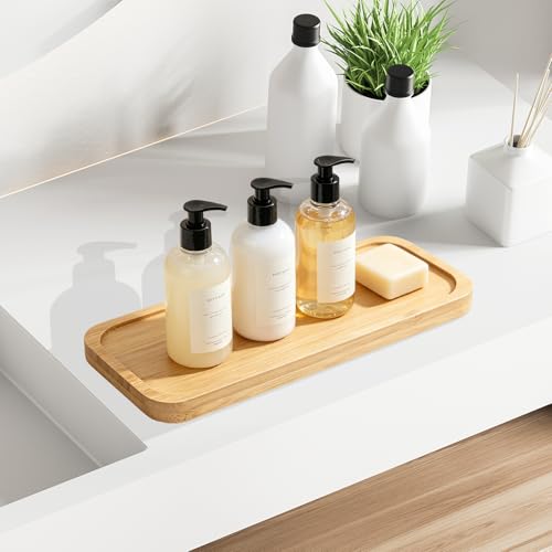 Small Bamboo Tray for Bathroom Counter Dispenser,3.4" x 9.3" x 0.3" | Bathroom Countertop Organizer,Decorative Display Trays for Vanity, Plants, Candles, Keys, Soap, Jewelry, Tealight Plates - size: 9.3" x 3.4" x 0.3"