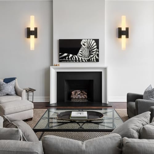 KUZZULL Wall Sconces Set of Two Matte Black Modern Bathroom Sconces Lighting Set of 2 Frosted Glass Shade Indoor Wall Lamp Wall Mounted Lights Metal Wall Light Fixtures for Living Room Stairs - color: matte black frosted