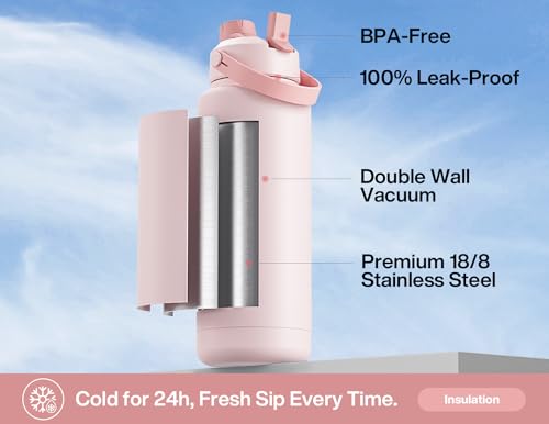 POWCAN 40 oz Insulated Water Bottle with 2-in-1 Straw and Spout Lid, Keep Cold 24H, Leak-Proof, BPA-Free, Double Wall Stainless Steel Water Bottle for Sports, Gym, Travel, and School (Cotton Candy) - color: Cotton Candy, size: 40 Ounces