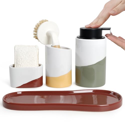 Bosilunlife Ceramic Soap Dispenser Set with Sponge Cup, Brush Cup & Tray | 4-Piece Ceramic Set Includes 12 Oz liquid Soap Dispenser, Sponge Cup, Brush Holder and Tray for Kitchen or Bathroom Counters. - size: liquid Pump
