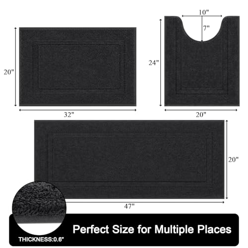 SHACOS Black Bathroom Rugs Sets 3 Piece Bath Mat U Shaped Toilet Rug | 20x47+ 20x32+ 20x24, Soft Fluffy Microfiber Bath Rugs Set, Non Slip Washable Absorbent Bathroom Runner Floor Mats Shower Rug - color: Black, size: 20"x32"+ 20"x47"+U Shape 20"x24"