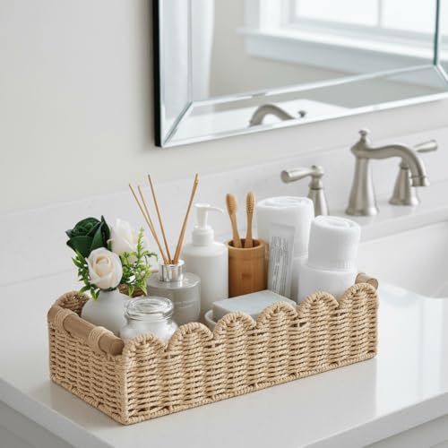 CubesLand Bathroom Basket Organizer, Toilet Tank Paper Storage Baskets 2-Pack, Scalloped Decorative Basket for Countertop w/Handle, Wicker Basket for Bathroom Decor, Home Decor, Living Room, Beige - color: Beige