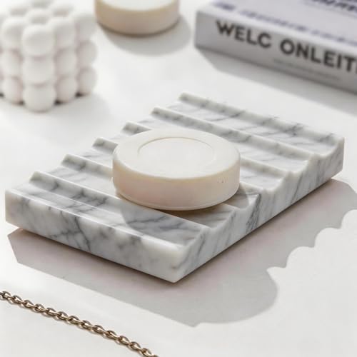 Natural Marble Soap Dish for Shower Stone Tray Small Bar Soap Holder with Self Draining, Non-Slip, Luxury Bath Room Accessories, Sponge Dish Scrubbers Tray for Kitchen Sink Counter Top (Carrara White)