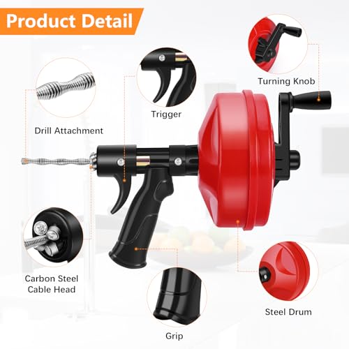 35 FT Double Mode Drain Snake Tools, 14-in-1 Drain Auger for Sink and Drain Unblocking, Plumbing Snake for Kitchen, Bathrom and Shower Sink, Snake for Real DYIs【Upgraded】 - color: 35ft-n-red&black