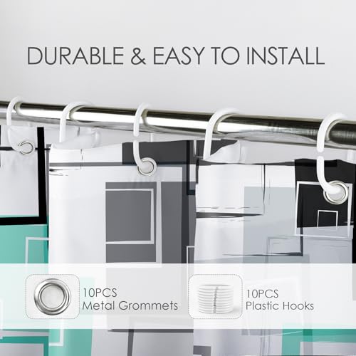 Teal Geometric Shower Curtain with Hooks Mid Century Modern Neutral Geometric Fabric Shower Curtain Modern Design Teal and Grey Pattern Abstract Bathroom Curtains Shower Set, 72Lx60W inches - color: Teal, size: 60"W x 72"L (Pack of 1)