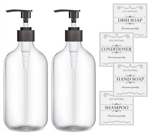 2PCS Clear Dish Soap Dispenser for Kitchen with Rust Proof Pump (16 Oz), Premium Hand Soap Dispenser for Bathroom, Plastic Liquid Soap and Lotion Dispenser/Bottles Set, Waterproof Labels - color: Clear