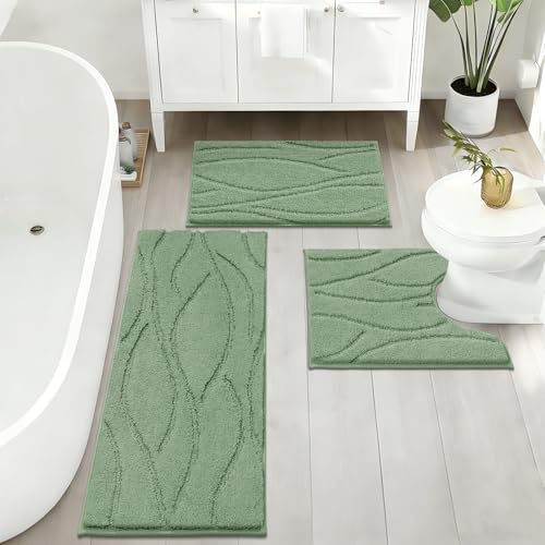Bsmathom Bathroom Rugs Sets 3 Piece, Soft Non Slip Microfiber Bath Mat and U-Shaped Contour Toilet Rug, Machine Washable Absorbent Shaggy Bathroom Set, Green - color: Green