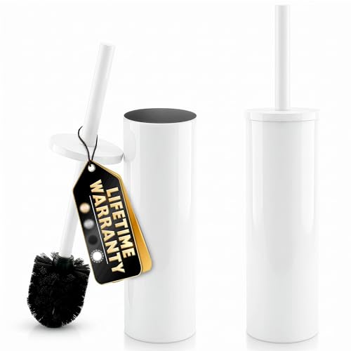 Stainless Steel Toilet Brush and Holder Set White - Long Handle Toilet Bowl Cleaner Brush and Holder - Removable Inner Liner, Shiny Design, Splash Protection & Dense Bristles for Bathroom Cleaning - color: White 2 Pcs