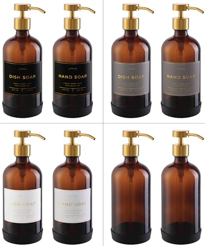 Hand and Dish Soap Dispenser for Kitchen and Bathroom, Set of 2 16 Oz Glass Bottles, Stainless Steel Pumps, Non-Slip Silicone Base, 27 Waterproof Labels (Amber Bottle/Brushed Gold Pump) - color: Amber Bottle / Brushed Gold Pump