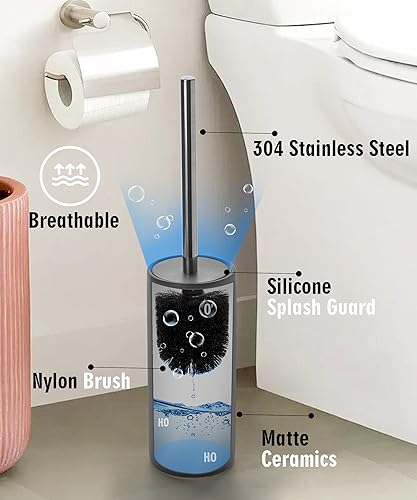 Matt Gray Ceramic Toilet Brush and Holder Set, Freestanding Toilet Bowl Cleaners Brush, Scrubber Brush for Toilet, Bathroom Accessories with Stainless Handle, Deep Cleaning - color: Matt Gray, size: Set/2