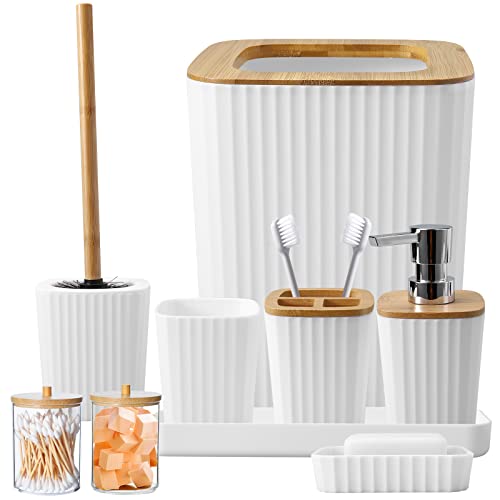 XLHOMO Bathroom Accessory Set, 9-Piece White Bathroom Set with Trash Can, Tray, Soap Dispenser, Toothbrush Holder, Toothbrush Cup, Soap Dish, Toilet Brush and Q-tip Holders for Bathroom/Housewarming - color: White, size: Hollow Cover Bathroom Set