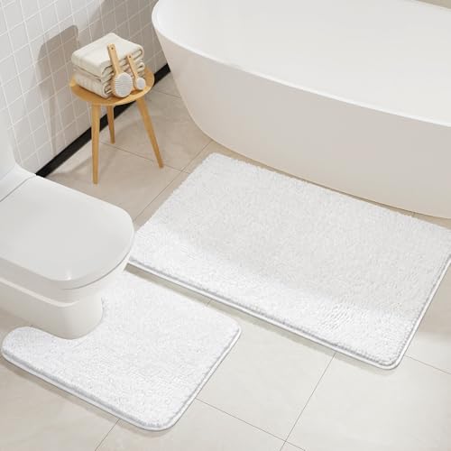 LOCHAS Bathroom Rugs Sets 2 Piece, Soft Non Slip Bath Mat Set, 20''x20'' U-Shaped Toilet Rug and 34''x21'' White Bath Rugs, Washable Absorbent Chenille Toilet Rug Set for Bathroom, Shower, Sink - color: White