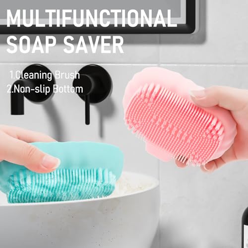 Silicone Soap Dish with Drain 2 Pcs, Anti-Slip Bathroom Bar Soap Holder Dishes Self Draining Waterfall Saver Plate for Shower Sink - Unique Bottom Brush Easy Dry & Clean (Pink + Lavender Grey) - color: Pink + Grey