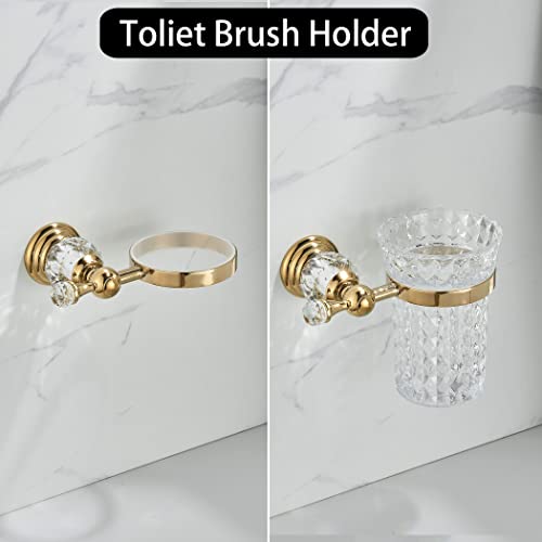 WOLIBEER Crystal Toilet Brush Holder, Polished Gold Brush Handle with Replaceable Brush Head, Stainless Steel Bathroom Cleaning Set Wall Mounted - color: Gold