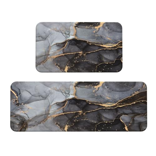 Black Grey Marble Print Kitchen Rugs Microfiber Floor Mats Cushioned Carpet Runner Rug for Laundry Bathroom Living Room, 2 Piece Set 17"X 47" + 17"X 30" - color: Black Grey Marble Print