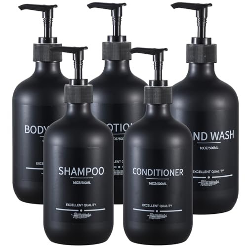 Reusable Shampoo and Conditioner Bottles (5Pack Matte Black) Plastic 16.9oz Dispenser for Conditioner,Shampoo Containers for Shower - color: Matte Black