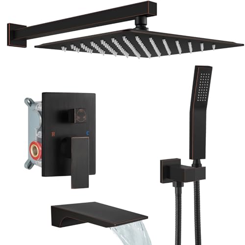 gotonovo Shower System with Tub Spout,Waterfall Tub Shower Faucet Set for Bathroom Head and Handle Set Wall Mounted 3 Function Rough-in Valve and Trim Included 12 inch Shower Head Oil Rubbed Bronze - color: Oil Rubbed Bronze, size: 12 inch Shower Head