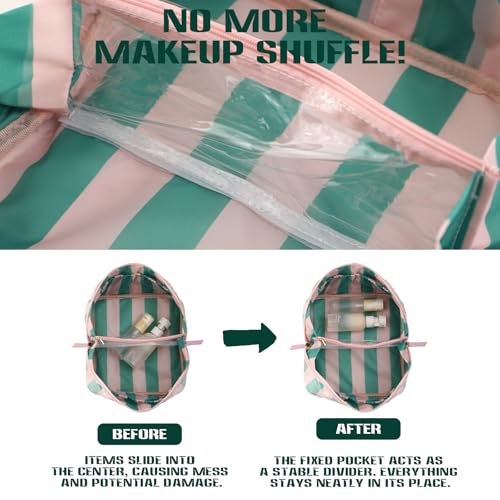 DYSHAYEN Stripe Travel Makeup Bag with Compartments Clear Coated Cosmetic Bag for Women, Waterproof Portable Open Flat Toiletry bag （Pink-Green） - color: Pink-Green