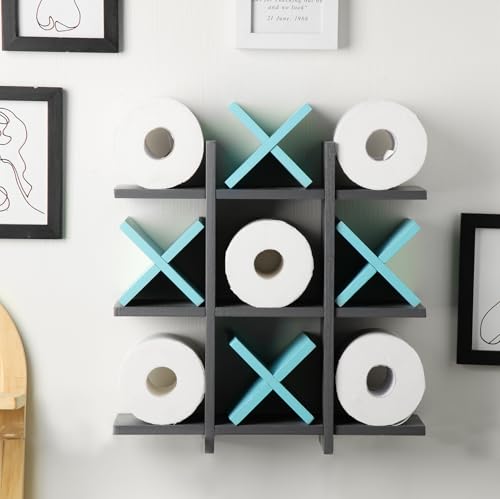 Weysat Tic Tac Toe Toilet Paper Holder Stand Bathroom Wall Decor Rustic Wooden Hanging Storage Freestanding Wall Mounted Shelves Decor for Toilet Tissue Farmhouse - color: Gray, Light Blue