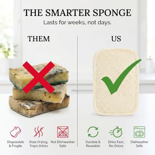 Truly Free Natural Cleaning Sponges, 100% Organic Luffa Dish Scrubber, Plant-Based Compostable Kitchen Dishwasher Sponge, Cleans Sink, Grout & Tile, Non Scratch Scouring Pad - 4.4 x 2.8 in, Pack of 3