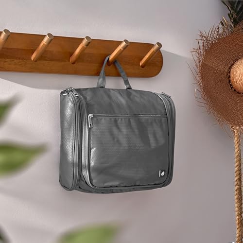 PAVILIA Large Hanging Toiletry Bag for Women Men, Travel Cosmetic Organizer with 10 Compartments, Swivel Hook and 3 Leakproof Pockets, Water Resistant Makeup Case, Packs Flat, Black - color: Grey