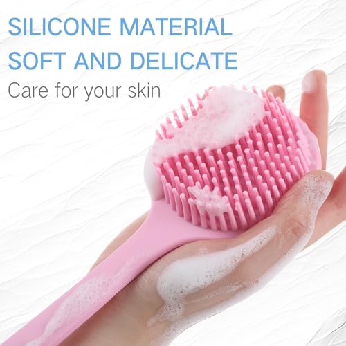 Sunnyray 2 Pack Silicone Back Scrubber for Shower with 15" Long Handle Double-Sided Bath Body Brush for Exfoliating Easy to Clean Quick Dry Deep Cleaning Lathers Well(Pink,Nordic Blue) - color: Pink,nordic Blue