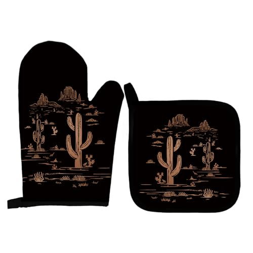 Western Desert Black Oven Mitts and Pot Holders Set, Cactus Kitchen Decor, Southwest Western Over Mittens for Kitchen - color: Black