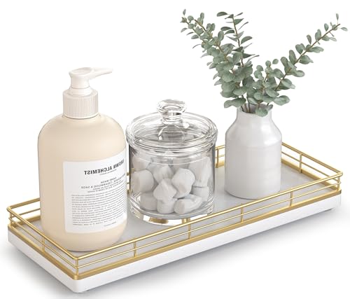 Bathroom Tray for Counter Top Organizer, Oak Wood Vanity Tray | Metal Frame for Dresser, Kitchen & Nightstand, Gold & White Decorative Storage - color: Gold & White, size: 11" x 4.5" x 1.5"