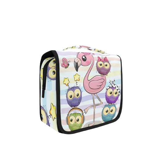 senya Hanging Travel Toiletry Bag Kit Makeup Case Cosmetics Organizer for Men Women - color: Cartoon Pink Flamingo And Five Owls