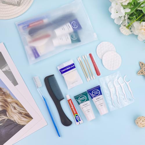 Toiletry Kits Travel Essentials Disposable Hygiene in Bulk, Trial Size Toiletries Supplies Individually Wrapped Traveling Personal Care Items, for Camping, Hotel, Homeless, Charity, 8-in-1 (5-Pack)