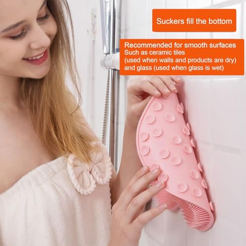 Shower Back & Foot Scrubber,Wall Mounted Back Scrubber Silicone Bath Massage Cushion Brush with Suction Cups,Bathroom Wash Foot Mat Exfoliating Dead Skin Foot Brush (L-Pink 1pcs) - size: L-Pink 1pcs