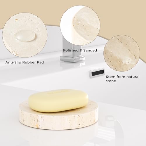 Marble Soap Dishes Natural Travertine Stone Sponge Holder for Bathroom Tub Shower Kitchen Sink, Handcraft Round Soap Case Trinket Plate Jewelry Tray Coaster for Home Decor Color Beige (WH046) - color: Beige
