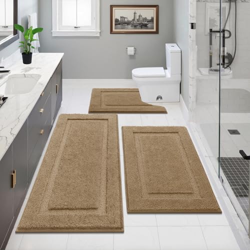 SHACOS Khaki Brown Bathroom Rugs Sets 3 Piece Bath Mat U Shaped Toilet Rug | 20x47+ 20x32+ 20x24, Soft Fluffy Microfiber Bath Rugs Set, Non Slip Washable Absorbent Bathroom Runner Floor Mats Shower Rug - color: Khaki Brown, size: 20"x32"+ 20"x47"+U Shape