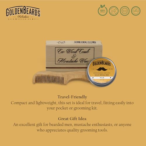 Golden Beards Moustache Wax & Eco Wood Vegan Comb Kit – Medium Hold Wax with Lime Scent & Eco Wood Comb 2.5 in – Handmade, Vegan, Cruelty-Free Moustache Styling Set - style: Eco Wood Vegan Comb
