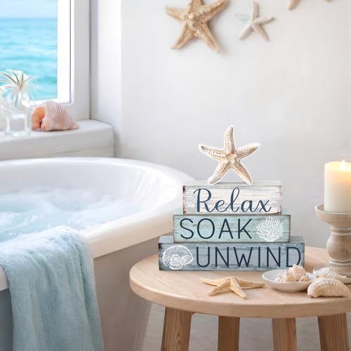 Cinnvoice 4 Pcs Coastal Beach Bathroom Decor Farmhouse Bathroom Decoration Relax Soak Unwind Table Centerpiece Gift for Christmas Valentines Back to School - style: Coastal Relax Soak Unwind