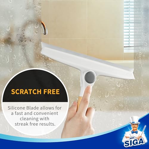 MR.SIGA All Purpose Silicone Squeegee for Shower Door, Mirror, Glass, Streak Free Shower Squeegee, Pivoting Bamboo Handle, Includes 1 Suction Hook, 10 inch Wide, 1 Pack - color: White