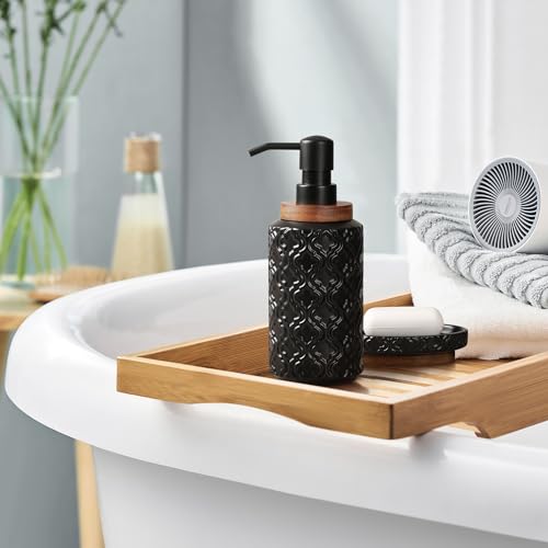 RQYIXI Elegant Bathroom Accessories Set 6 PCS Ceramic and Wood Bathroom Accessory Set Soap Dispenser Toothbrush Holder Tumbler Soap Dish Tray Trash Can Easy to Clean Quatrefoil Pattern Black - color: Black Trash Can