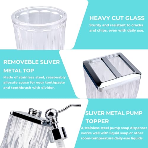 Bathroom Accessories Set,5 Pcs Clear Glass Bathroom Accessory Set,Complete Lotion Soap Dispenser,Toothbrush Holder, Soap Dish,Tumbler & Jar,Modern Bathroom Decor Sets Gift,Square - style: Square(Clear)