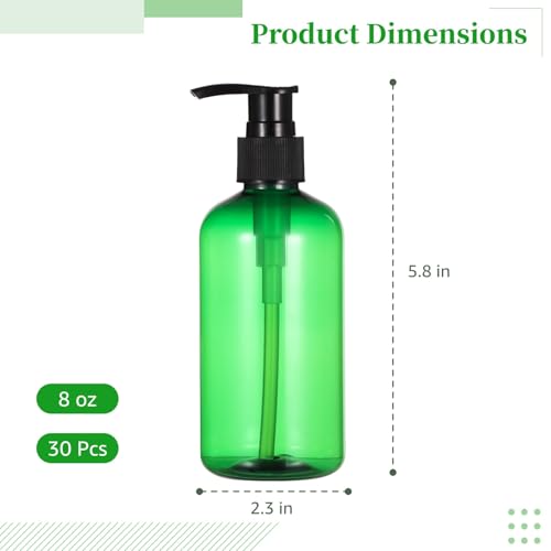 30 Pcs Empty Plastic Lotion Bottles with Pump, 8 oz/250 ml | Refillable Design, Smooth Pump Dispenser, Portable Use, For Shampoo, Conditioner, Cream, Lotion And Liquid Soap - color: Green