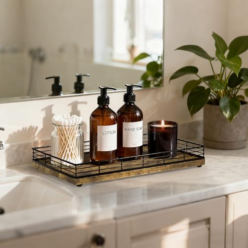 Bathroom Vanity Tray, 13" x 8" Decorative Wooden Tray for Countertop | Large Bathroom Vanity Organizer Wood Tray for Perfume Skincare Accessories Storage, Vanity Dresser Decor Black & Rustic Brown - color: Rustic Brown, size: 13" x 8" x 2"