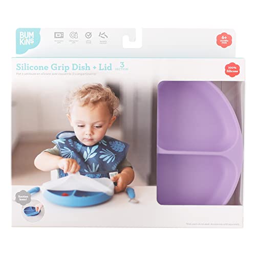 Bumkins Toddler and Baby Suction Plate, Silicone Divided Grip Dish and Lid, Babies and Kids, Baby Led Weaning, Children Feeding Supplies, Non Skid Bottom, Platinum Silicone, Ages 6 Mos Up, Lavender - color: D5 Lavender-GD Lid