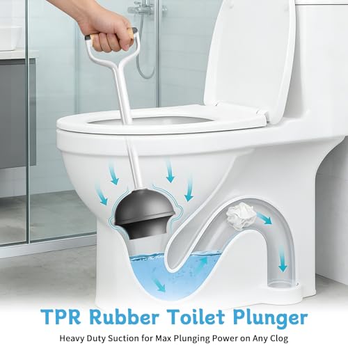 Sellemer Toilet Brush and Plunger Set, Curved Head for Deep Cleaning, White | Brush and Plunger set, Curved Nylon Bristles for Deep Clean, Strong Suction Plunger, Ventilated Holder for Quickly Air Dry - color: White
