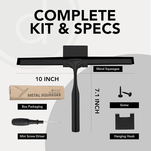 Metal Squeegee – Stainless Steel Window Cleaner Removes Water and Soap on Shower Doors, Car Windshields, Glass, with Soft Silicone Blade, Includes Hanging Hook and Screwdriver, Black - color: Black, size: Stainless Steel