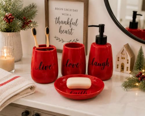 Red Ceramic Bathroom Accessories Set, 4 Piece Farmhouse Bathroom Decor, Soap Dispenser, Toothbrush Holder, Tumbler & Soap Dish, Live Love Laugh Faith Bathroom Countertop Set - style: red