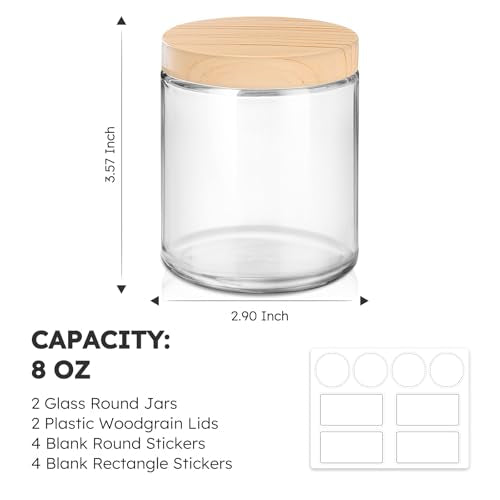 8 OZ Glass Jars with Lids, 2 Pcs Candle Jars with Plastic Woodgrain Lids & Inner Liners, Reusable Travel Containers for Creams, Makeup, Lotion, Cosmetic - color: Clear-2 Pack-8oz