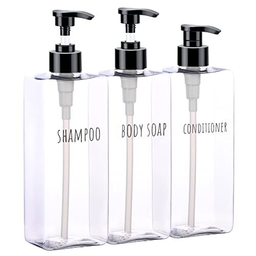Segbeauty Clear Square Shampoo Bottles, 3pcs 16.9oz Refillable Plastic Lotion Dispenser with Pump, 500ml Empty Reusable Bathroom Shower Bottle Dispense Shampoo Conditioner Body Soap Liquid Gel - color: Clear, style: 16.9oz